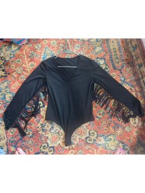 Fringe-Sleeve Black V-Neck Bodysuit
